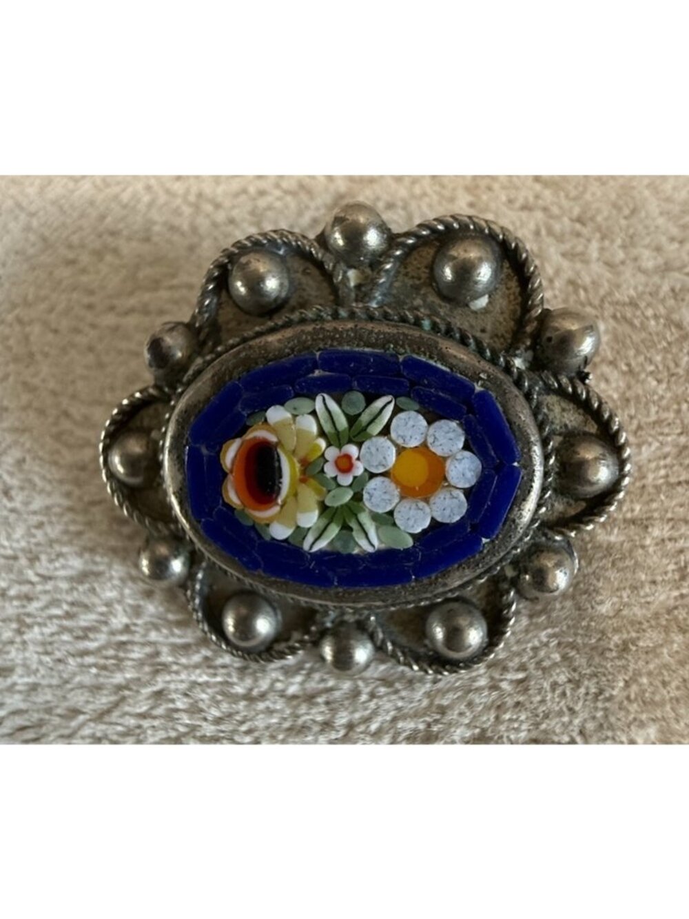 Vintage Alpaca Micro Mosaic Floral Brooch Pin 1”